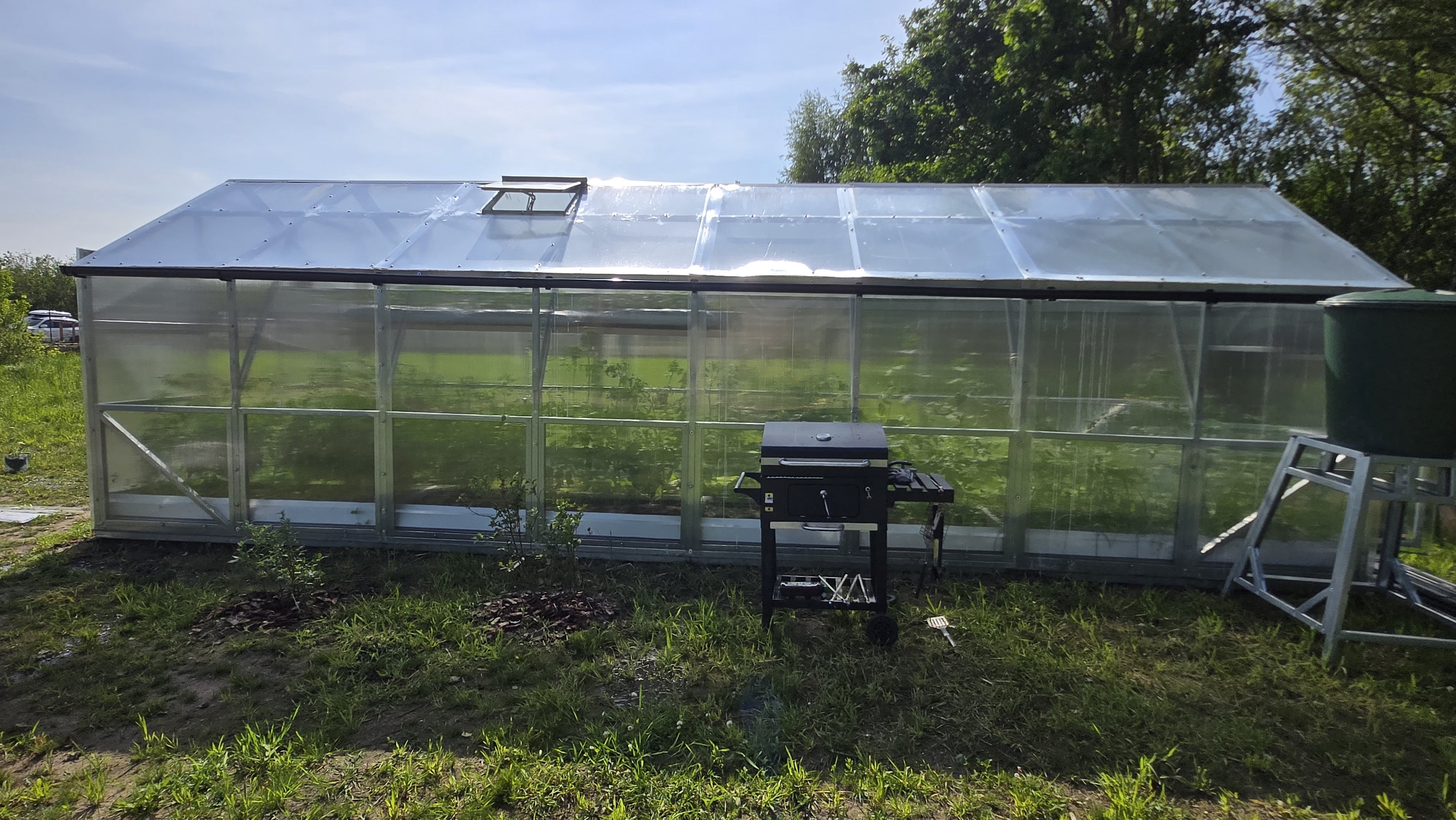 Extra-long gable greenhouse with galvanized steel frame and polycarbonate panels for large-scale backyard food production