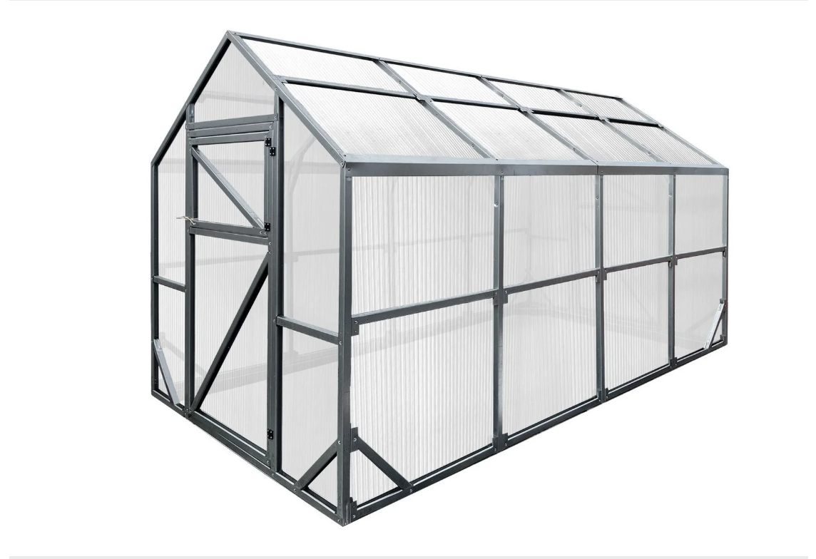 3D rendering of gable greenhouse frame showing steel structure and panel layout