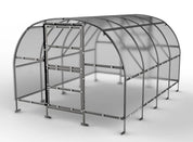 3D rendering of galvanized steel greenhouse frame structure with door assembly