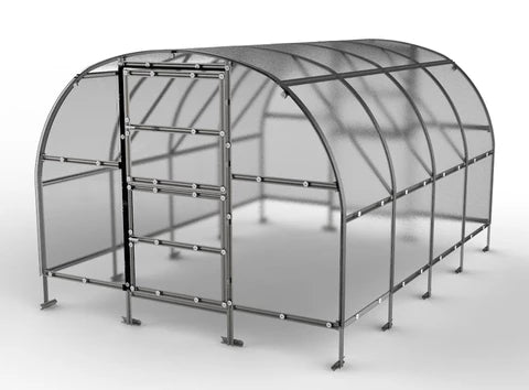 3D rendering of galvanized steel greenhouse frame structure with door assembly