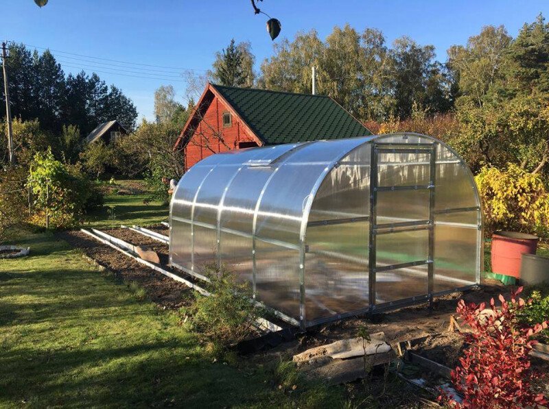 Polycarbonate greenhouse in autumn garden setting with colorful fall foliage