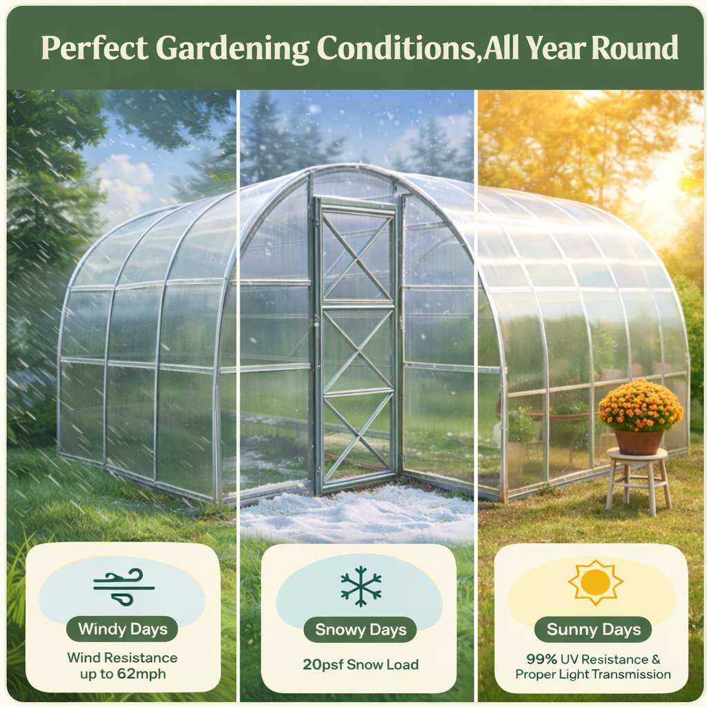 Polycarbonate greenhouse in all weather conditions showing 62mph wind resistance, 20psf snow load capacity, and 99% UV protection for year-round growing
